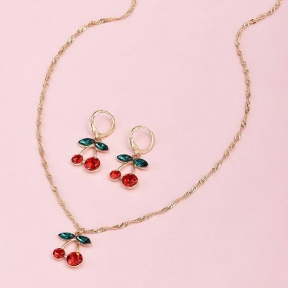 Gold Colored Red Cherries Earrings & Necklace Set - Picture 3 of 3